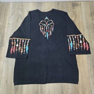 Bob Mackie Wearable‎ Art Sweater Womens 1X Black Button Dream Catcher Feather
